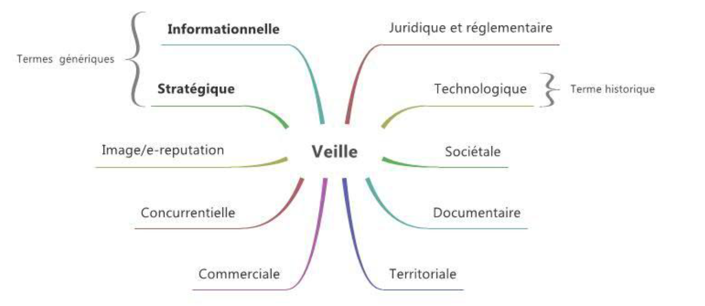 Présente les différents types de veille : informationnelle, juridique et réglementaire, documentaire, environnementale, etc.